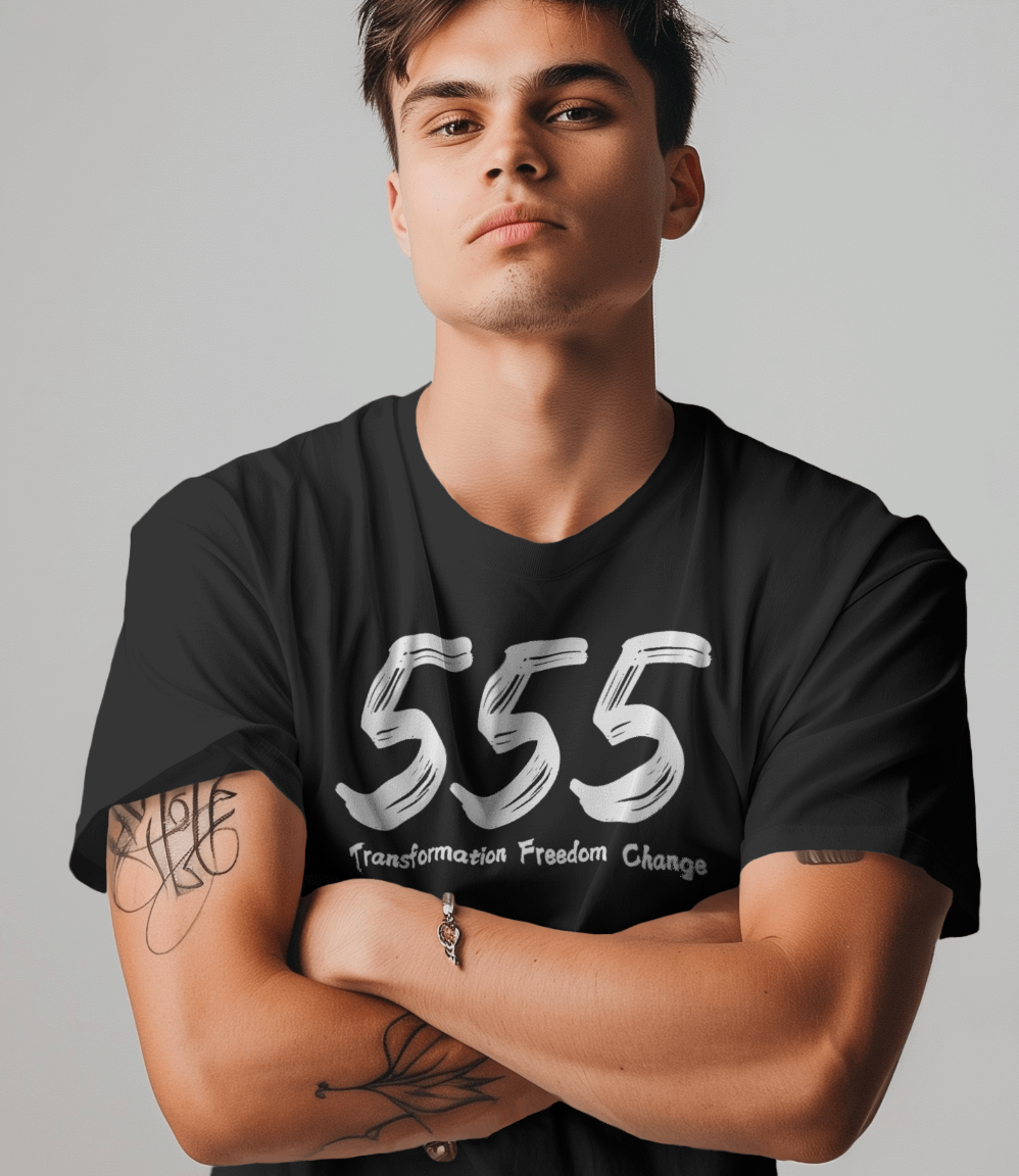 Embrace Change with the Bold 555 Angel Number T-Shirt – Manifest Your Transformation! | Black Shirtee UNISEX