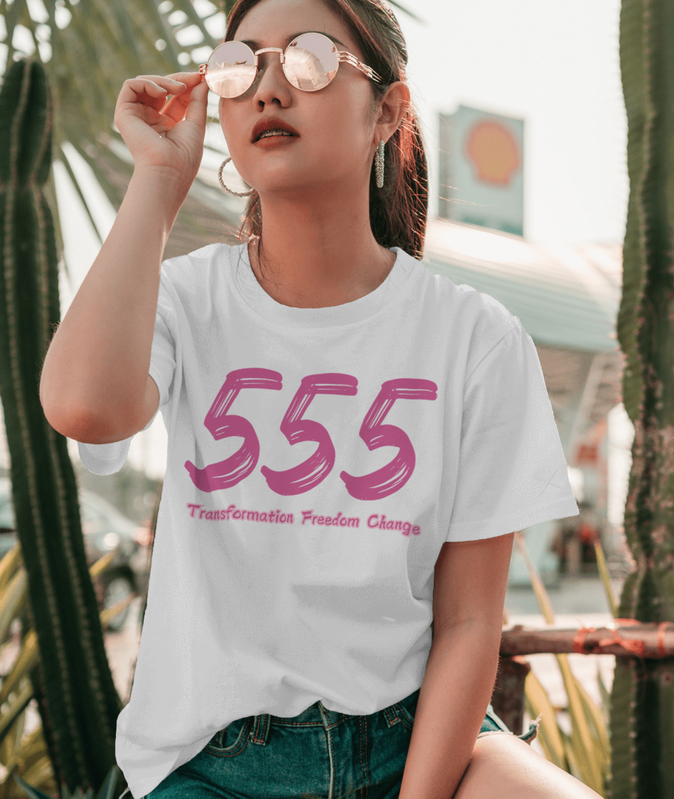 Embrace Change with the Bold 555 Angel Number T-Shirt – Manifest Your Transformation | PINK Shirtee Women