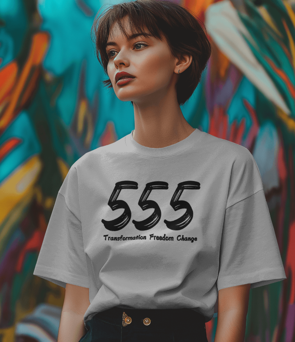 Embrace Change with the Bold 555 Angel Number T-Shirt – Manifest Your Transformation | White Shirtee UNISEX