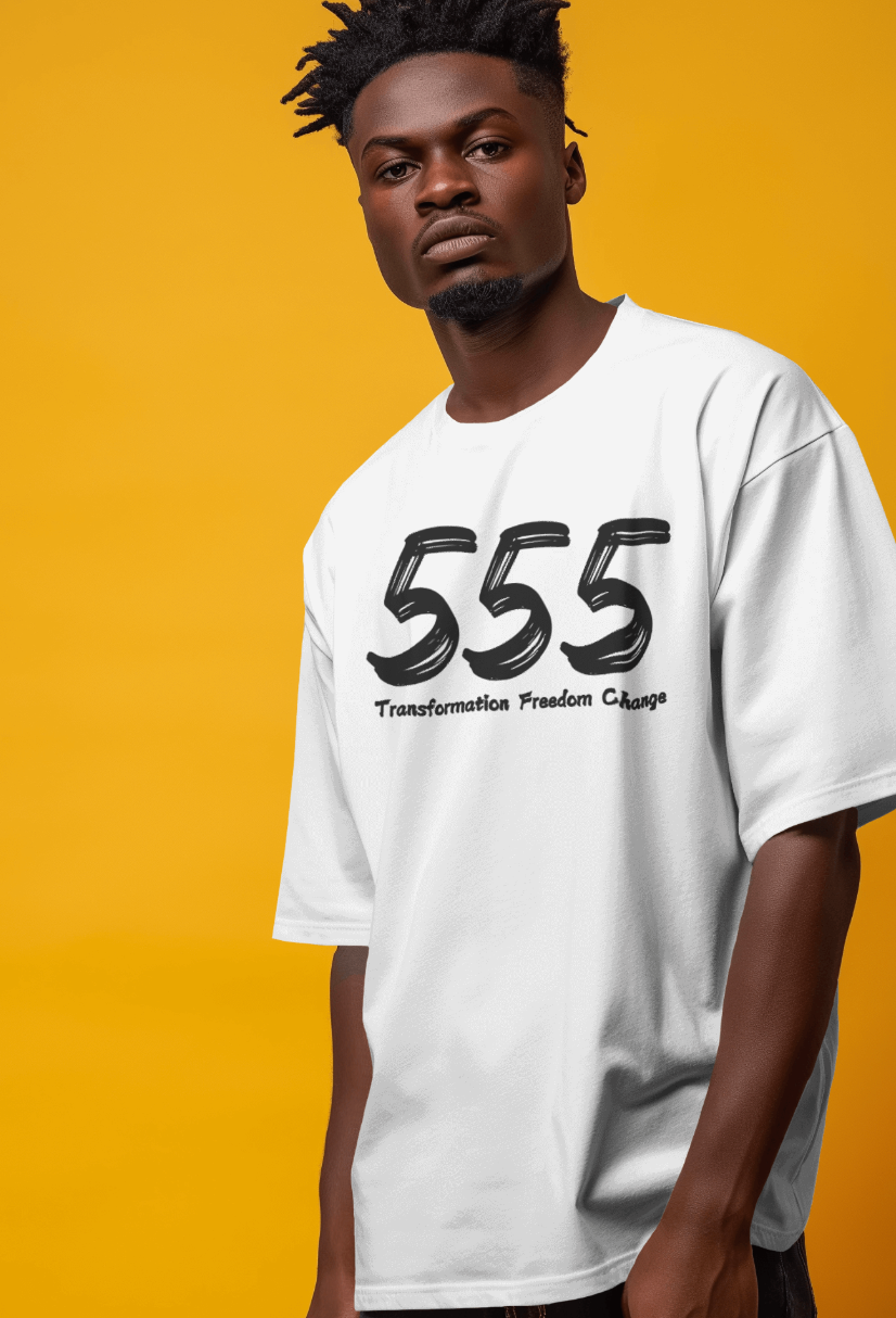 Embrace Change with the Bold 555 Angel Number T-Shirt – Manifest Your Transformation | White Shirtee UNISEX