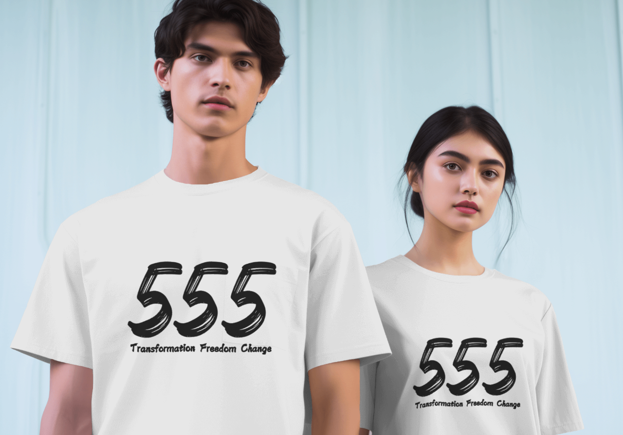 Embrace Change with the Bold 555 Angel Number T-Shirt – Manifest Your Transformation | White Shirtee UNISEX